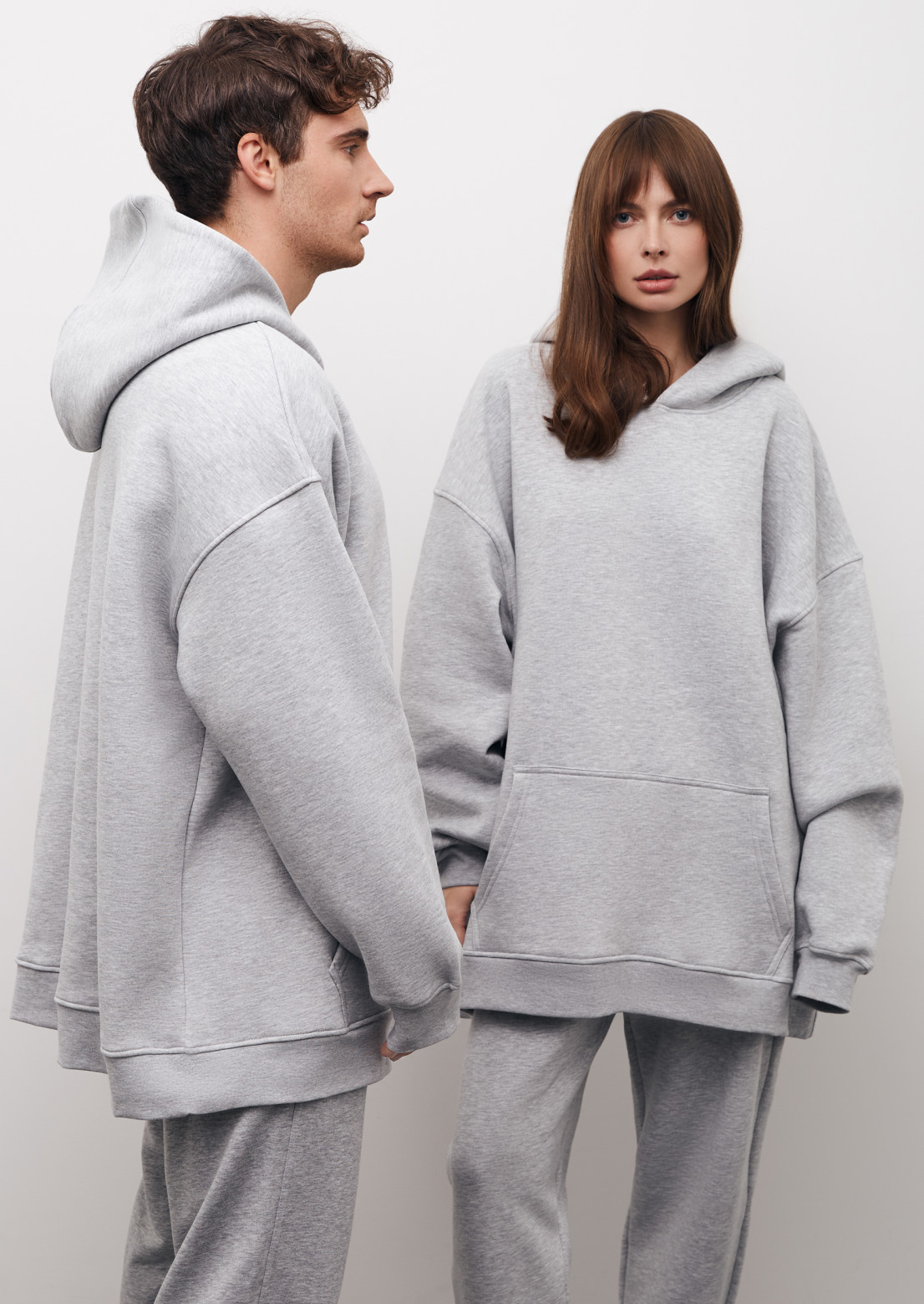 Grey melange color mega oversize unisex three-thread insulated hoodie 